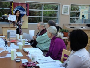 Junlei holds up a map of South Africa as a visual aid